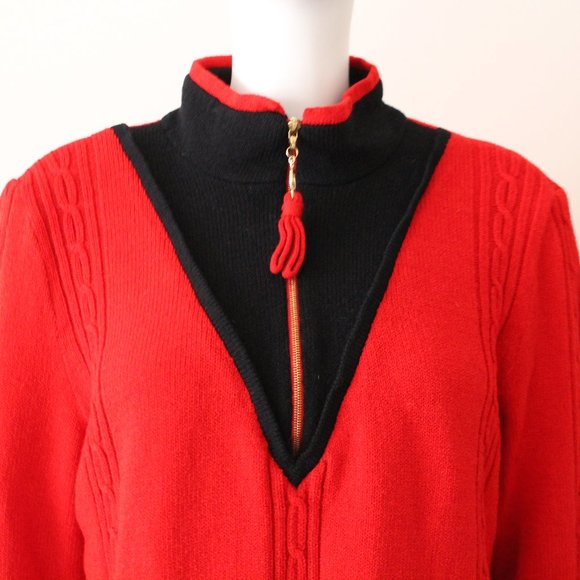 St. John Sport 1/4 Zip Knit Sweater Size Large Red Black Vintage - Picture 5 of 10